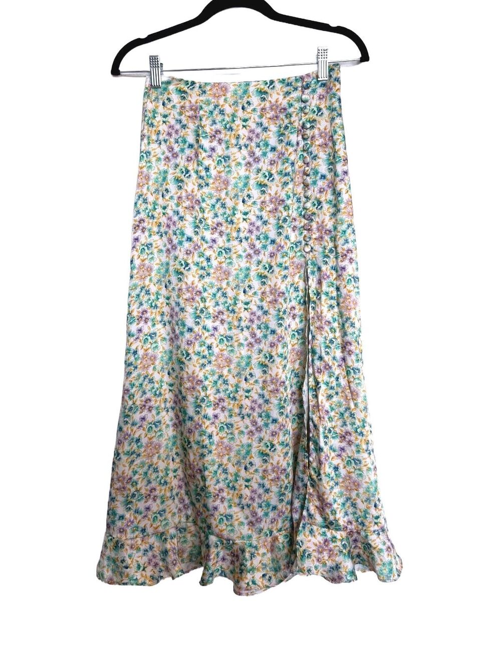 Zara CottageCore Silk Look Floral Midi Skirt with Button Detail and Ruffled Hem